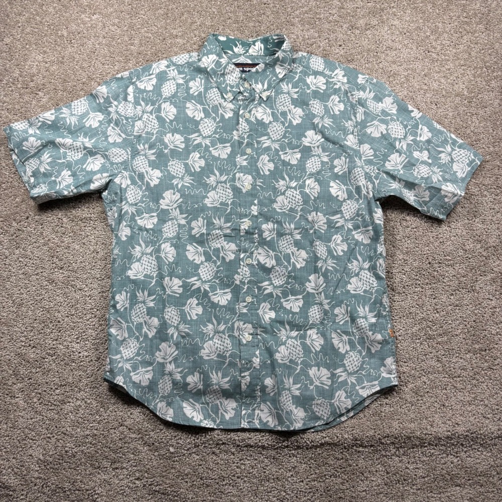 Reyn Spooner Mens XL Short Sleeve Button Down Shirt Teal Pineapple Cotton Linen - Picture 2 of 7